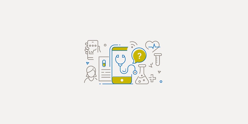Illustration smartphone connected with prescription, stethoscope and ECG