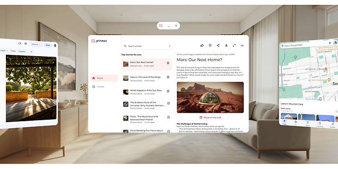Several different Android apps side by side in the room in what is known as ‘Home Space’ mode, source: https://developer.android.com/xr?hl=de