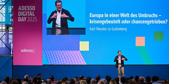 In his presentation at the adesso digital day 2025, Karl-Theodor zu Guttenberg reaffirmed the geopolitical significance of digital independence for Europe's competitiveness (source: adesso).