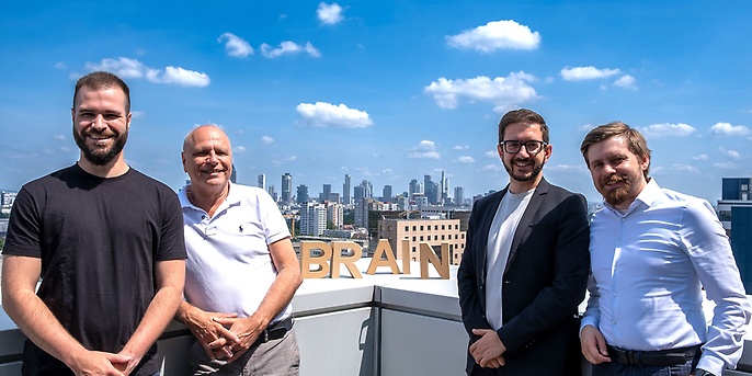 The founders and management of the start-up br.AI.n. solutions GmbH from left to right: Kevin Angele (CTO), Jürgen Angele (CKO), Tim König (CEO) and Tim Bunkus (CAIO). (Source: Tim Bunkus / br.AI.n. solutions GmbH)
